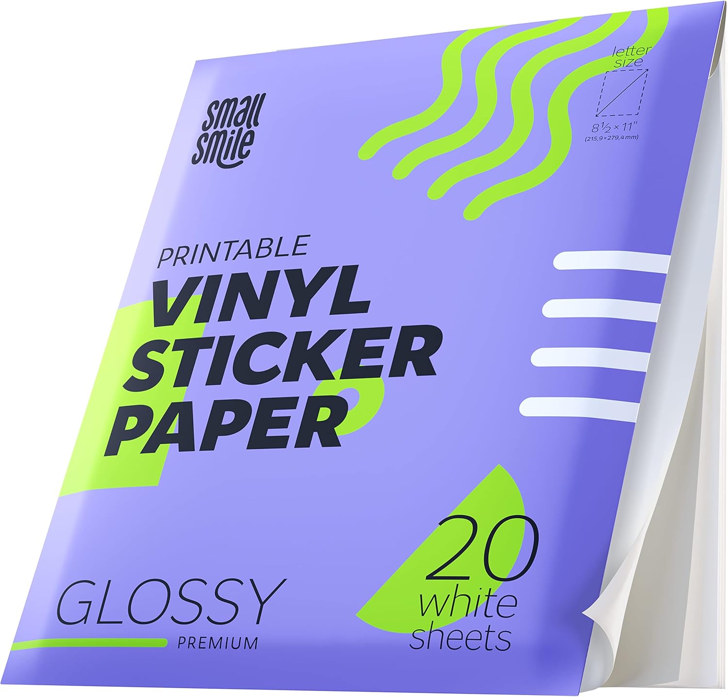 Premium Printable Vinyl Sticker Paper for Inkjet Printer and Laser - 20 White Glossy Sticker Paper Waterproof - Durability Adhesive Paper 8.5 x 11, Fast Dry, Holds Ink Well, Great for Cutting Machines
