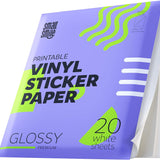 Premium Printable Vinyl Sticker Paper for Inkjet Printer and Laser - 20 White Glossy Sticker Paper Waterproof - Durability Adhesive Paper 8.5 x 11, Fast Dry, Holds Ink Well, Great for Cutting Machines