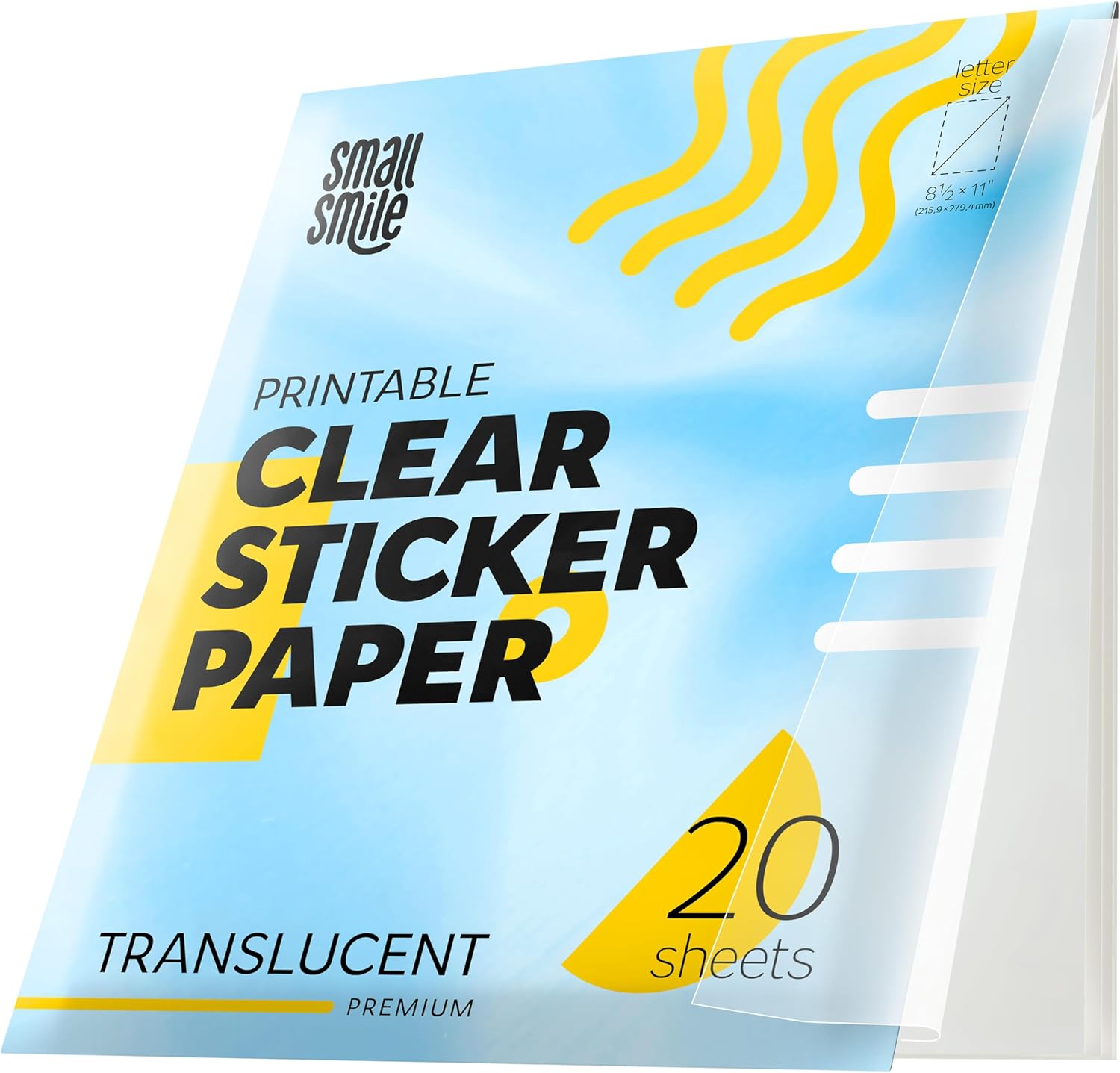 95% Clear Sticker Paper for Inkjet Printer and Laser – 20 Sheets, 8.5x11 Transparent Sticker Paper, Printable Vinyl, Waterproof Clear Labels for DIY Stickers & Decals