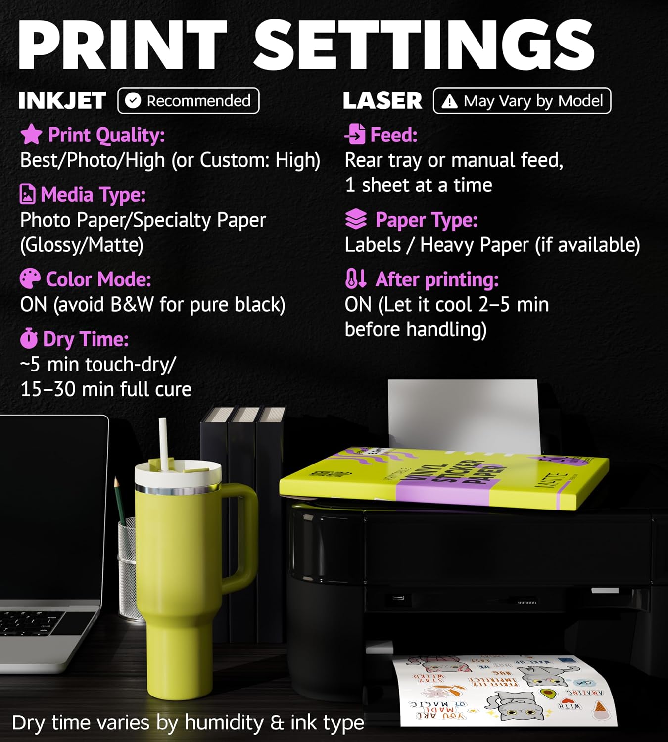 Premium Printable Vinyl Sticker Paper for Inkjet Printer and Laser - 200 White Matte Sticker Paper Waterproof - Durability Adhesive Paper 8.5x11 (Matte, 200 Sheets)